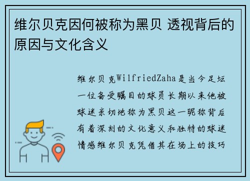 维尔贝克因何被称为黑贝 透视背后的原因与文化含义