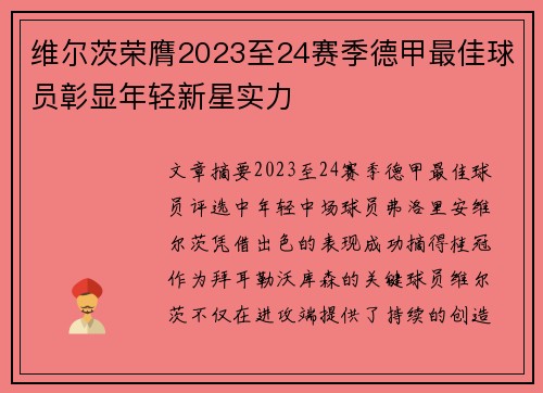 维尔茨荣膺2023至24赛季德甲最佳球员彰显年轻新星实力